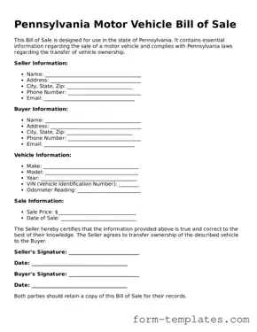 Printable Motor Vehicle Bill of Sale Form for the State of Pennsylvania
