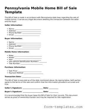 Printable Mobile Home Bill of Sale Form for the State of Pennsylvania