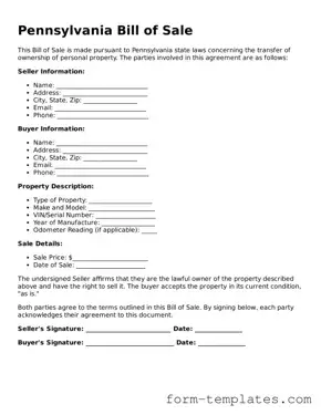Printable Bill of Sale Form for the State of Pennsylvania