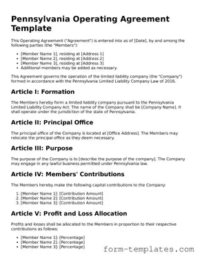 Printable Operating Agreement Form for the State of Pennsylvania