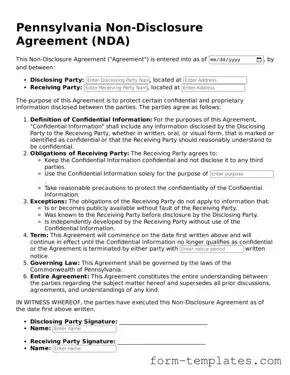 Printable Non-disclosure Agreement Form for the State of Pennsylvania