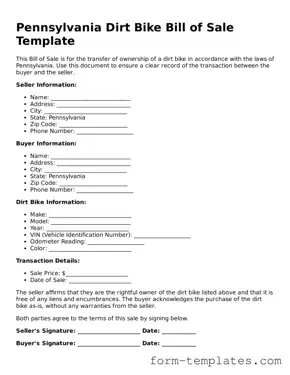 Printable Dirt Bike Bill of Sale Form for the State of Pennsylvania
