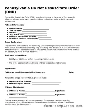 Printable Do Not Resuscitate Order Form for the State of Pennsylvania