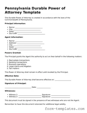 Printable Durable Power of Attorney Form for the State of Pennsylvania