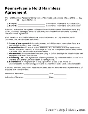 Printable Hold Harmless Agreement Form for the State of Pennsylvania