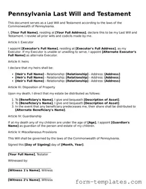 Printable Last Will and Testament Form for the State of Pennsylvania