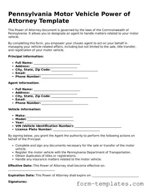 Printable Motor Vehicle Power of Attorney Form for the State of Pennsylvania