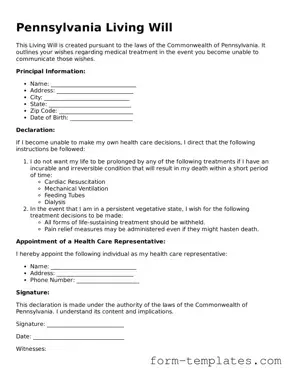 Printable Living Will Form for the State of Pennsylvania