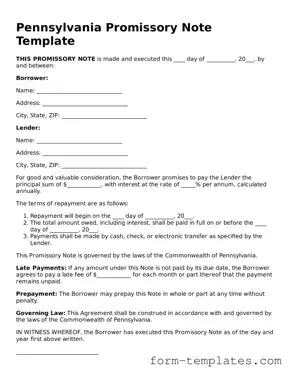 Printable Promissory Note Form for the State of Pennsylvania