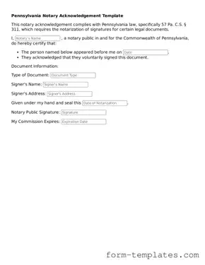 Printable Notary Acknowledgement Form for the State of Pennsylvania