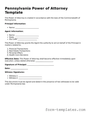Printable Power of Attorney Form for the State of Pennsylvania