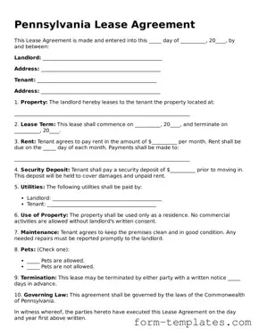 Printable Lease Agreement Form for the State of Pennsylvania