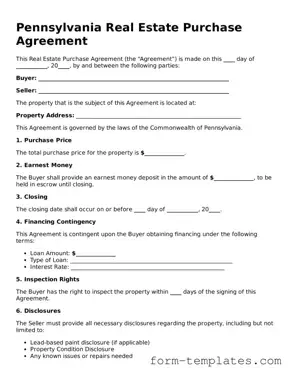 Printable Real Estate Purchase Agreement Form for the State of Pennsylvania