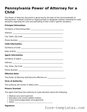 Printable Power of Attorney for a Child Form for the State of Pennsylvania