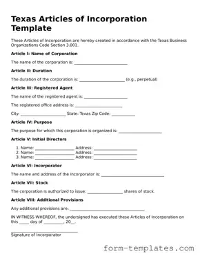 Printable Articles of Incorporation Form for the State of Texas