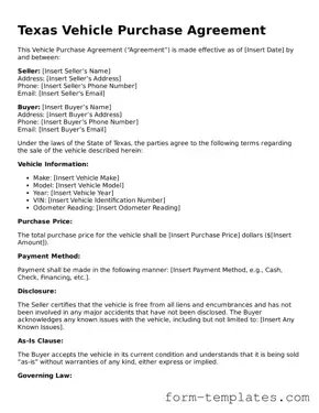 Printable Vehicle Purchase Agreement Form for the State of Texas