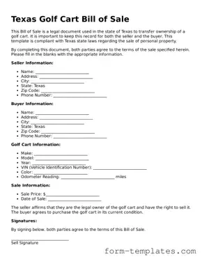 Printable Golf Cart Bill of Sale Form for the State of Texas