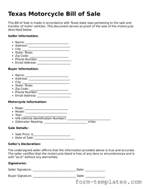 Printable Motorcycle Bill of Sale Form for the State of Texas