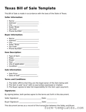 Printable Bill of Sale Form for the State of Texas