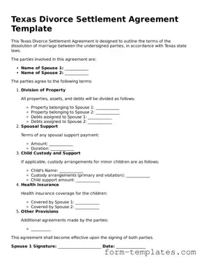 Printable Divorce Settlement Agreement Form for the State of Texas