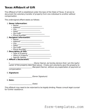 Printable Affidavit of Gift Form for the State of Texas