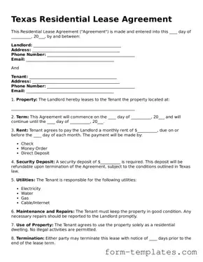Printable Residential Lease Agreement Form for the State of Texas