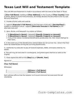 Printable Last Will and Testament Form for the State of Texas