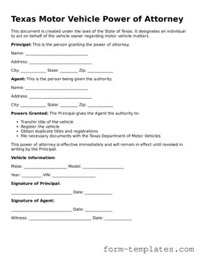Printable Motor Vehicle Power of Attorney Form for the State of Texas