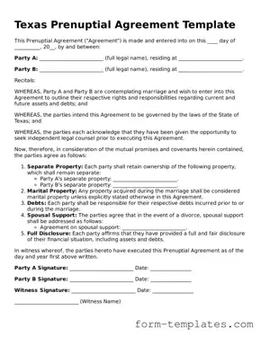 Printable Prenuptial Agreement Form for the State of Texas