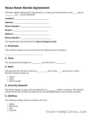 Printable Room Rental Agreement Form for the State of Texas