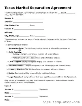 Printable Marital Separation Agreement Form for the State of Texas