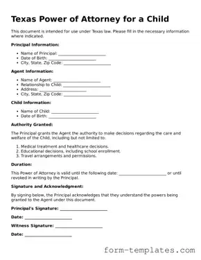 Printable Power of Attorney for a Child Form for the State of Texas