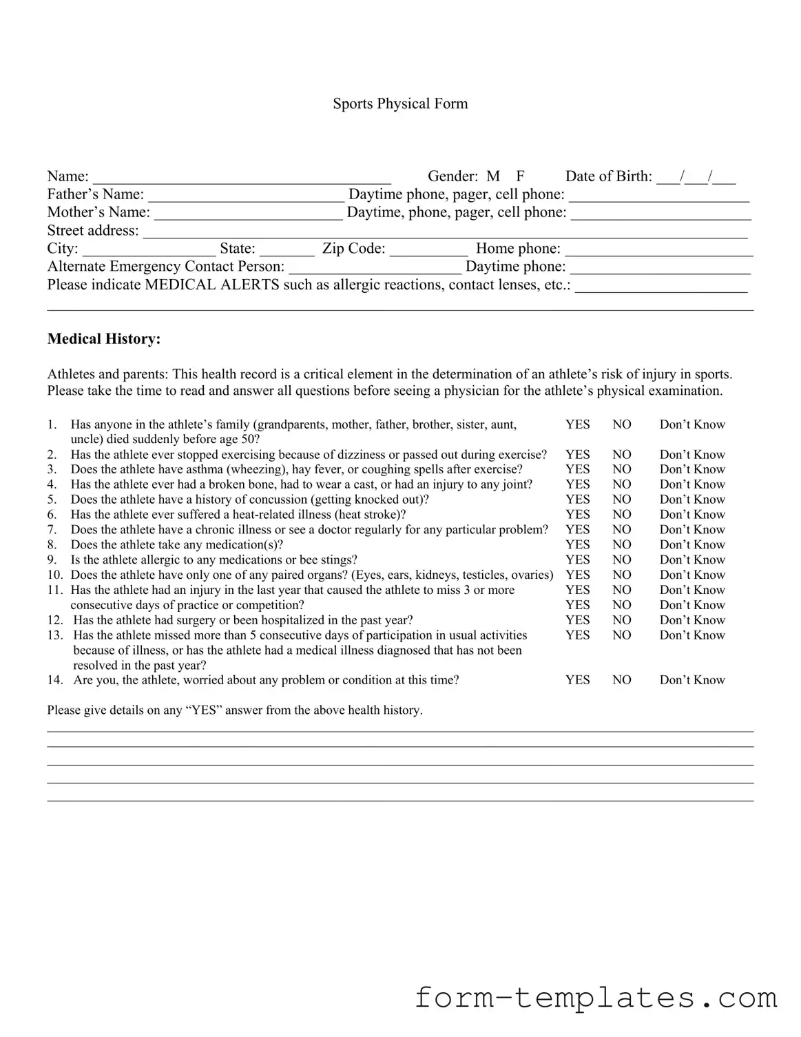 Fill Out a Valid Sports Physical Template