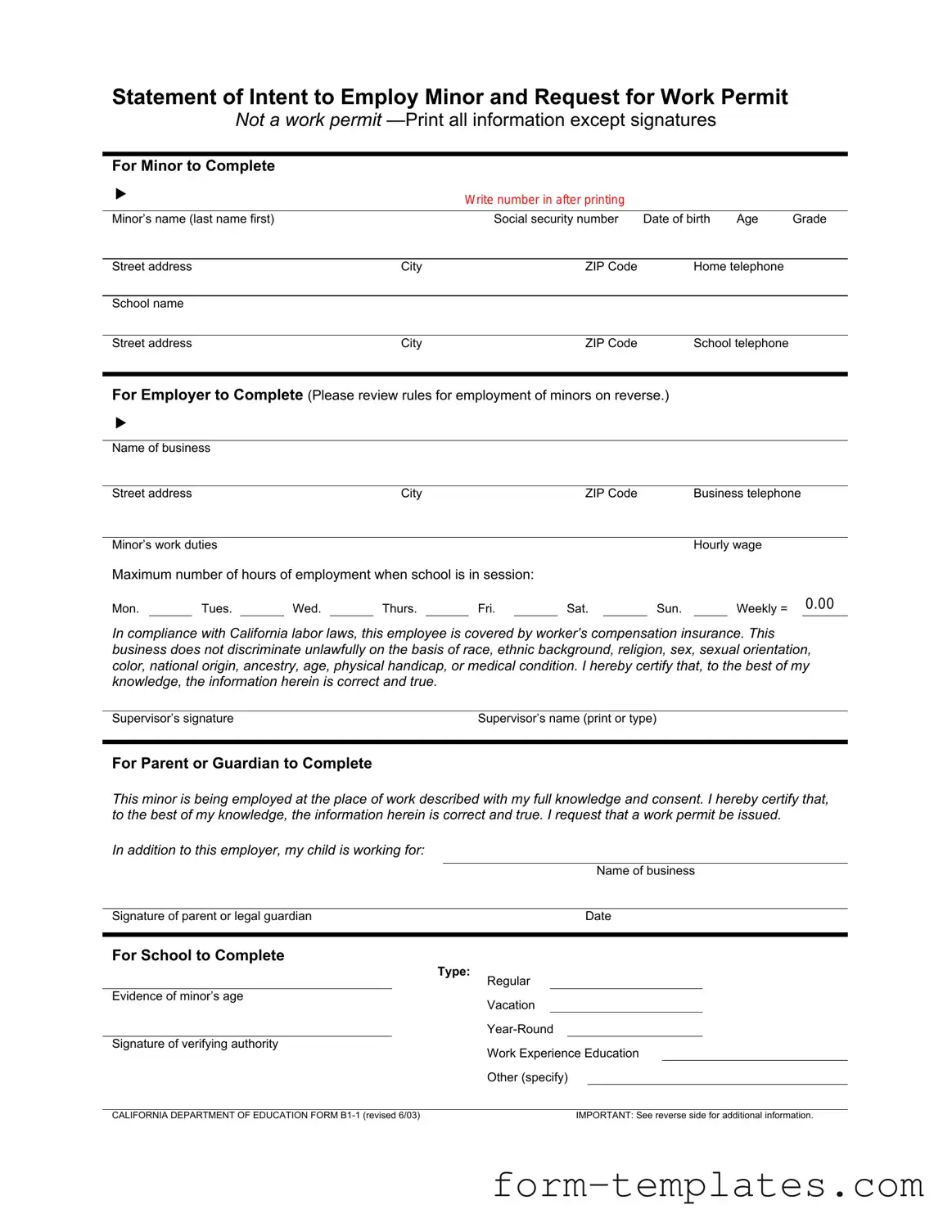 Fill Out a Valid Statement of Intent to Employ Minor and Request for Work Permit Template