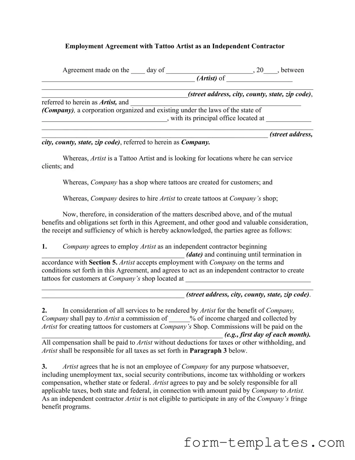 Fill Out a Valid Tattoo Shop Artist Agreement Template
