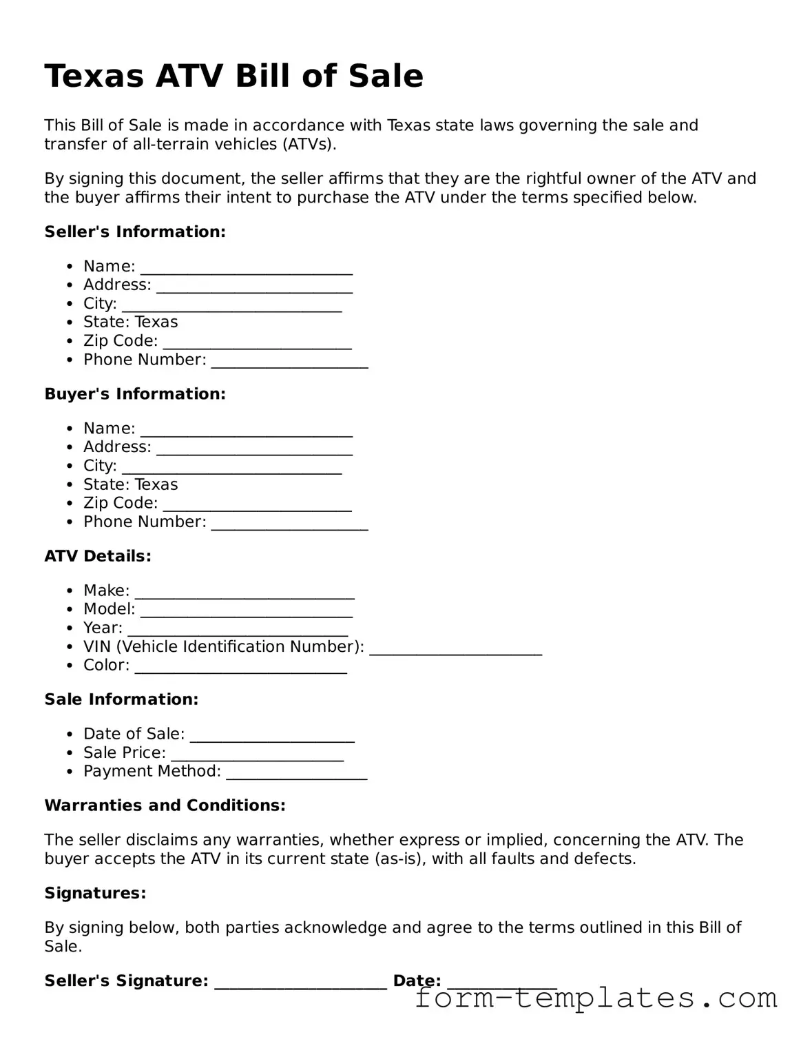 Printable ATV Bill of Sale Form for the State of Texas
