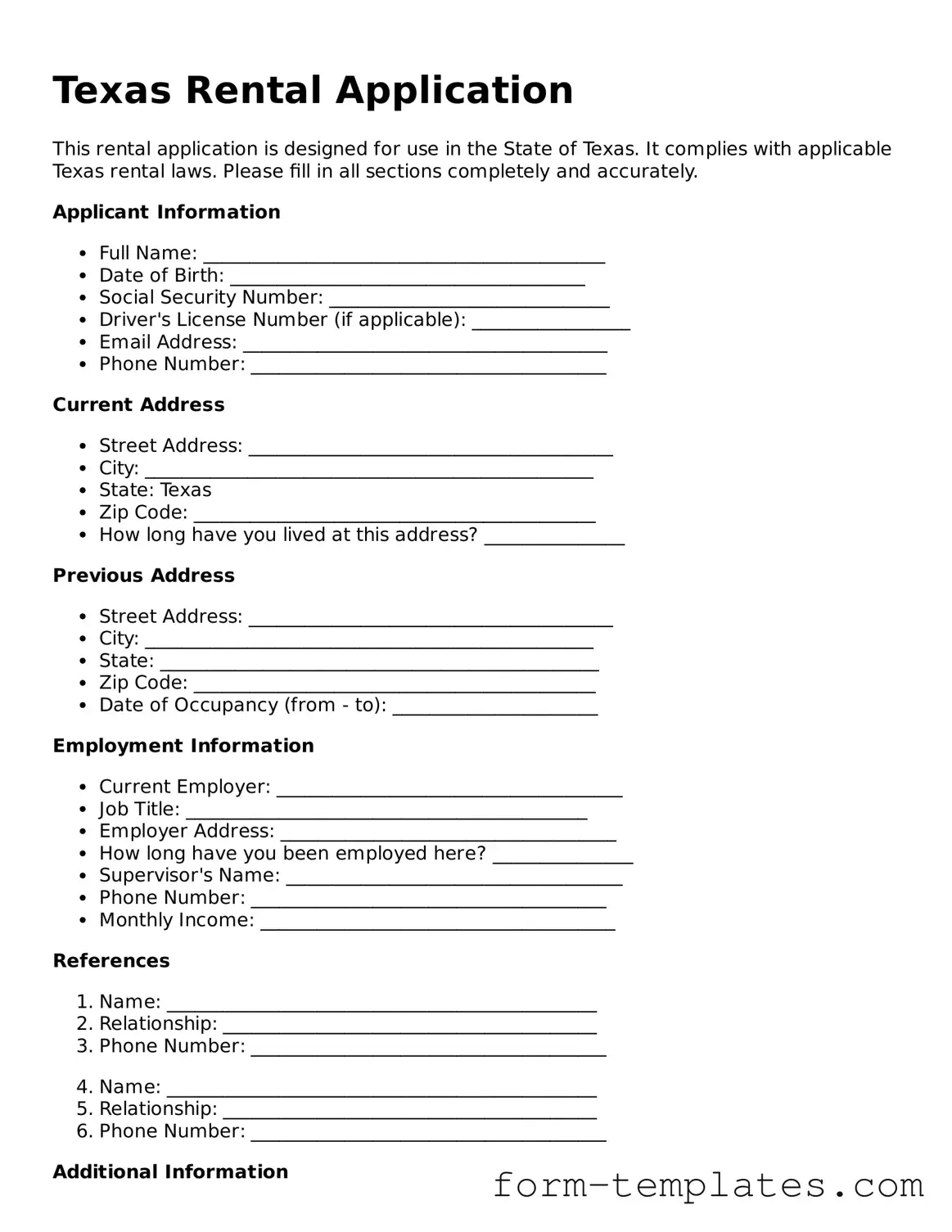 Printable Rental Application Form for the State of Texas