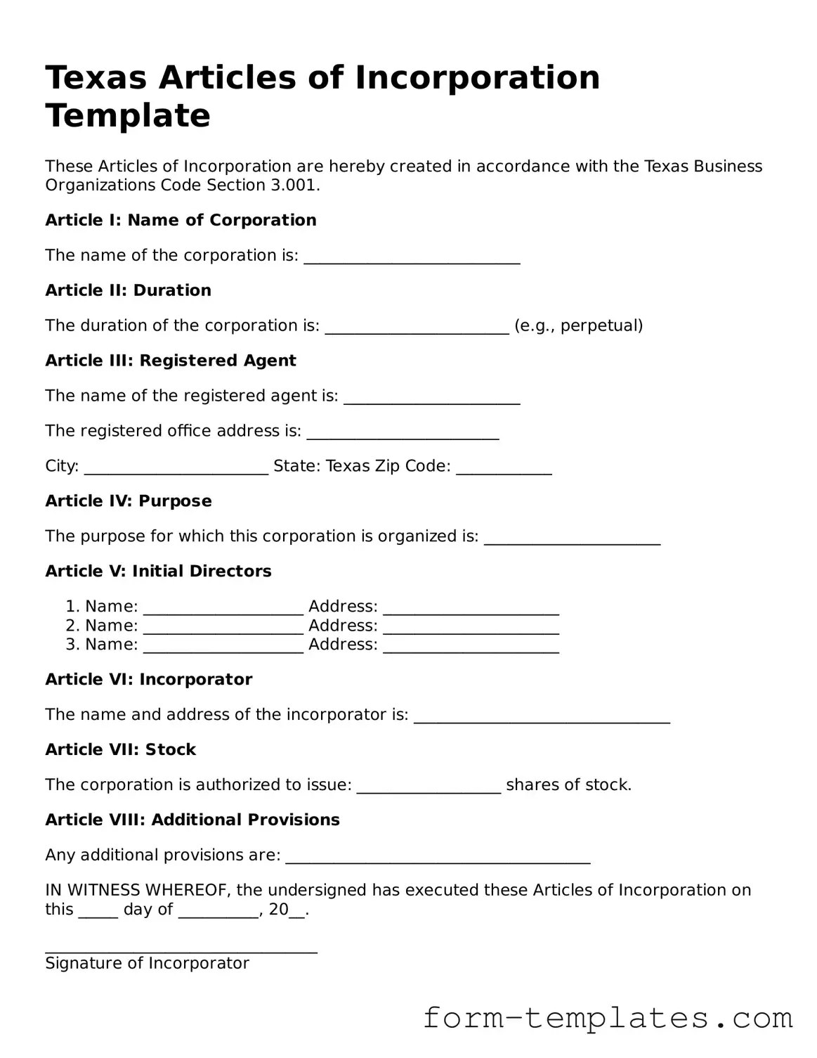 Printable Articles of Incorporation Form for the State of Texas