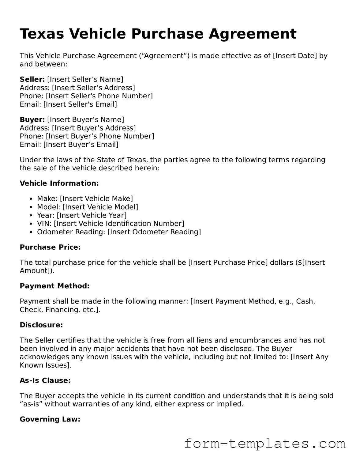 Printable Vehicle Purchase Agreement Form for the State of Texas