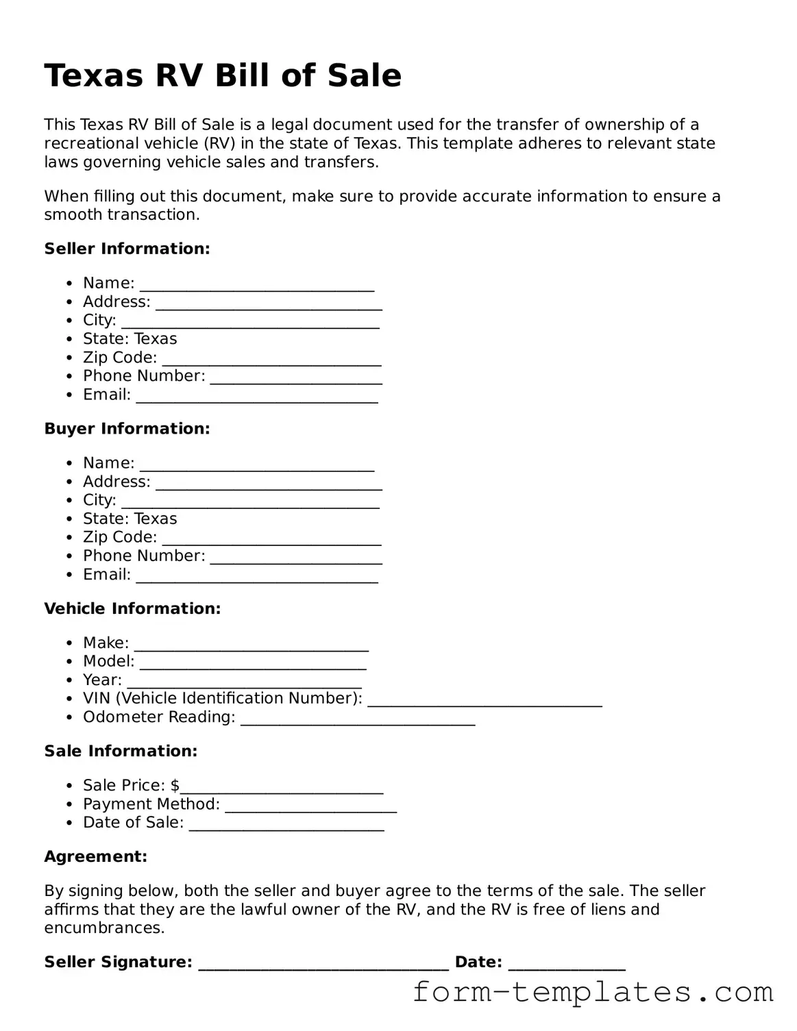 Printable RV Bill of Sale Form for the State of Texas