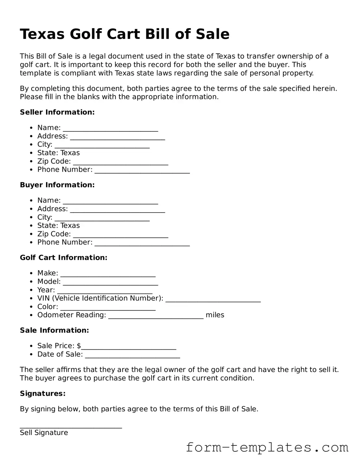 Printable Golf Cart Bill of Sale Form for the State of Texas