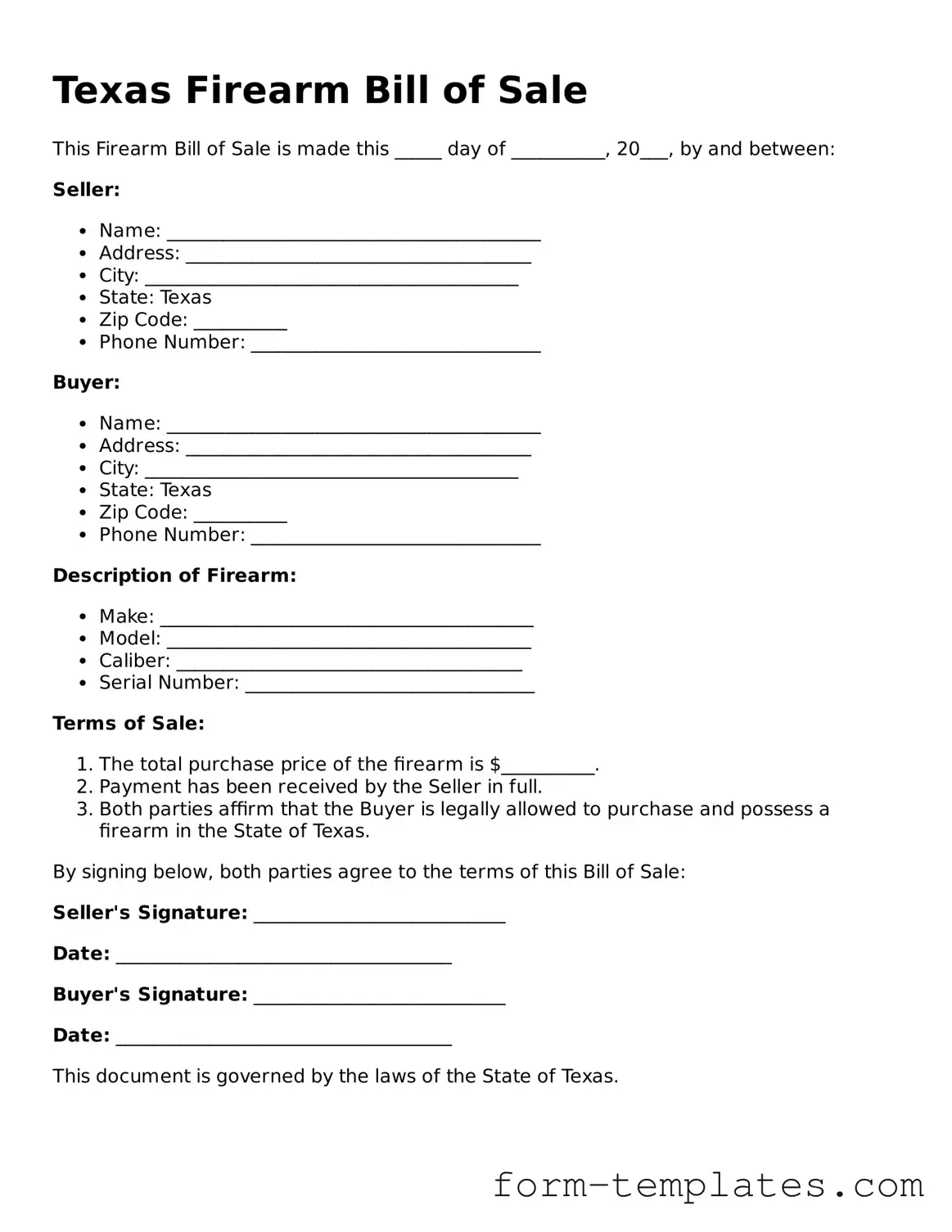 Printable Firearm Bill of Sale Form for the State of Texas