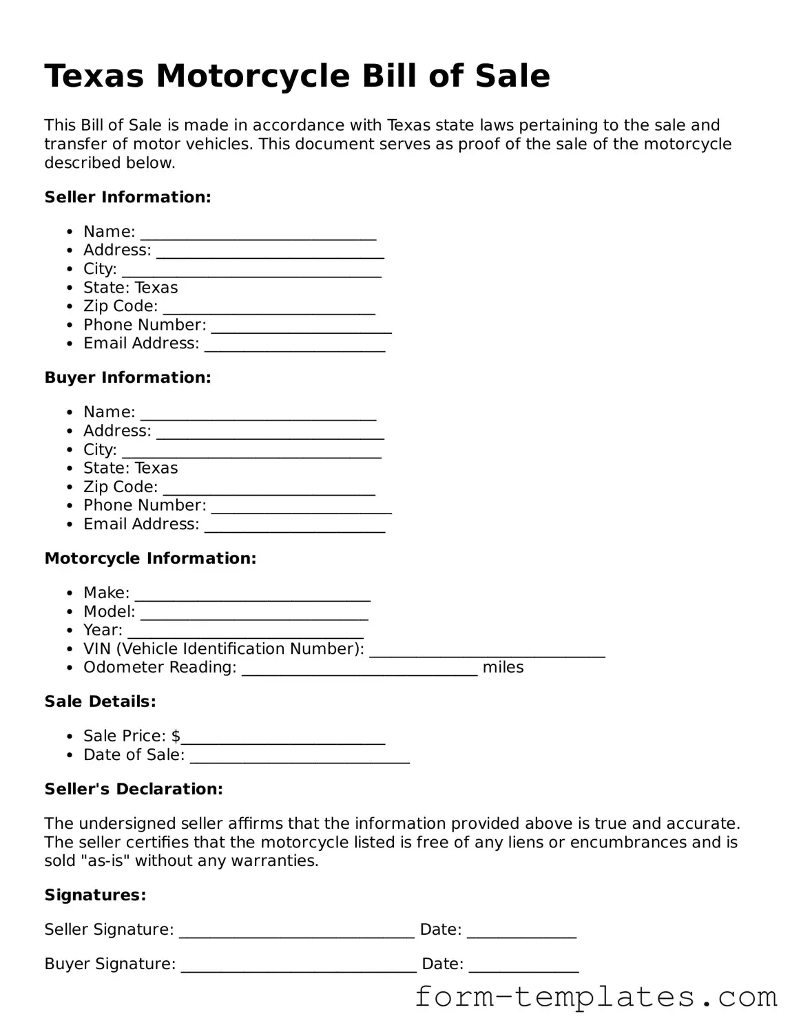 Printable Motorcycle Bill of Sale Form for the State of Texas