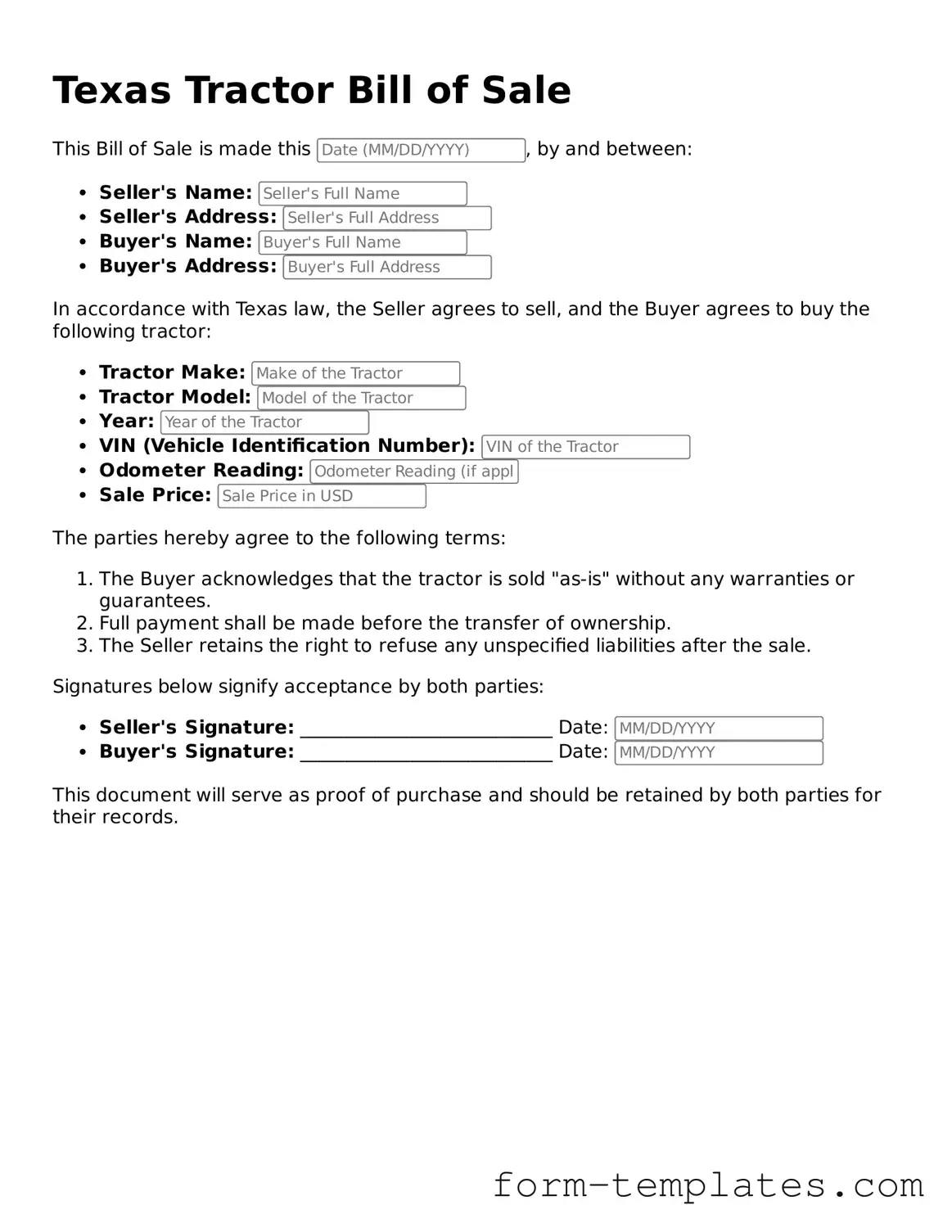 Printable Tractor Bill of Sale Form for the State of Texas