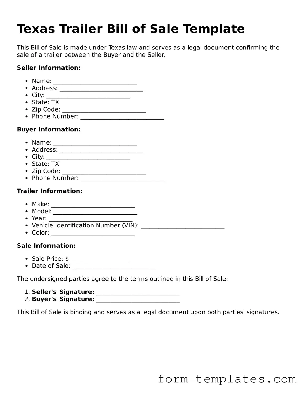Printable Trailer Bill of Sale Form for the State of Texas