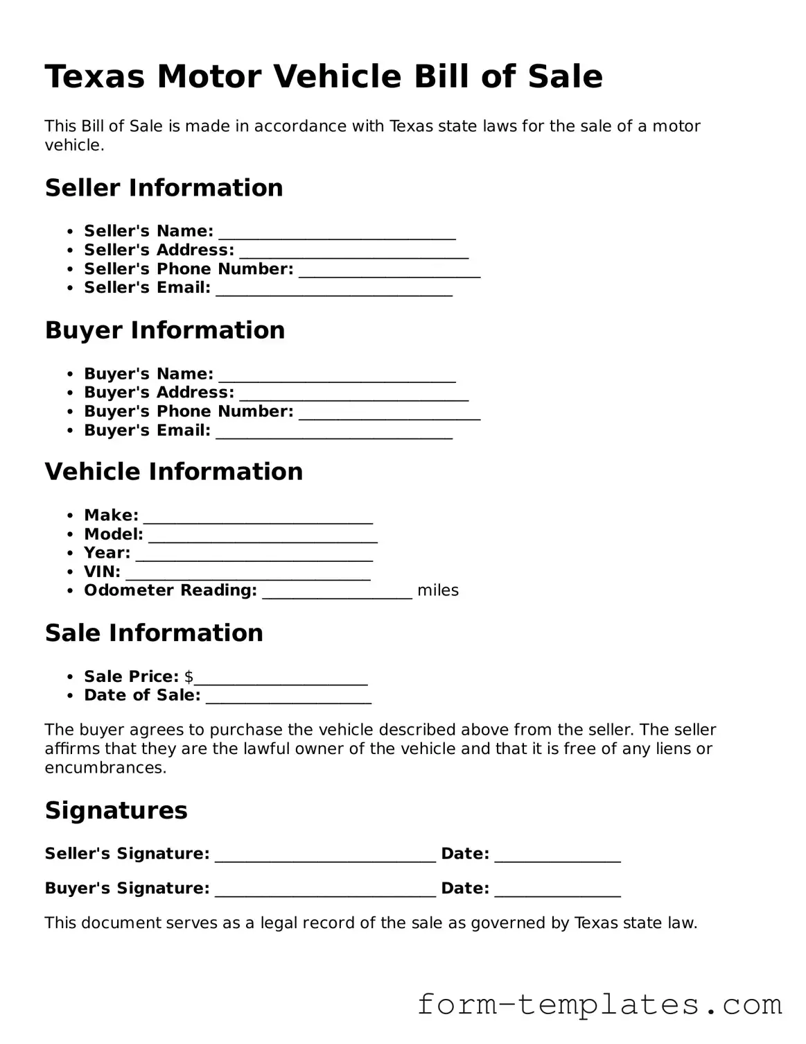 Printable Motor Vehicle Bill of Sale Form for the State of Texas
