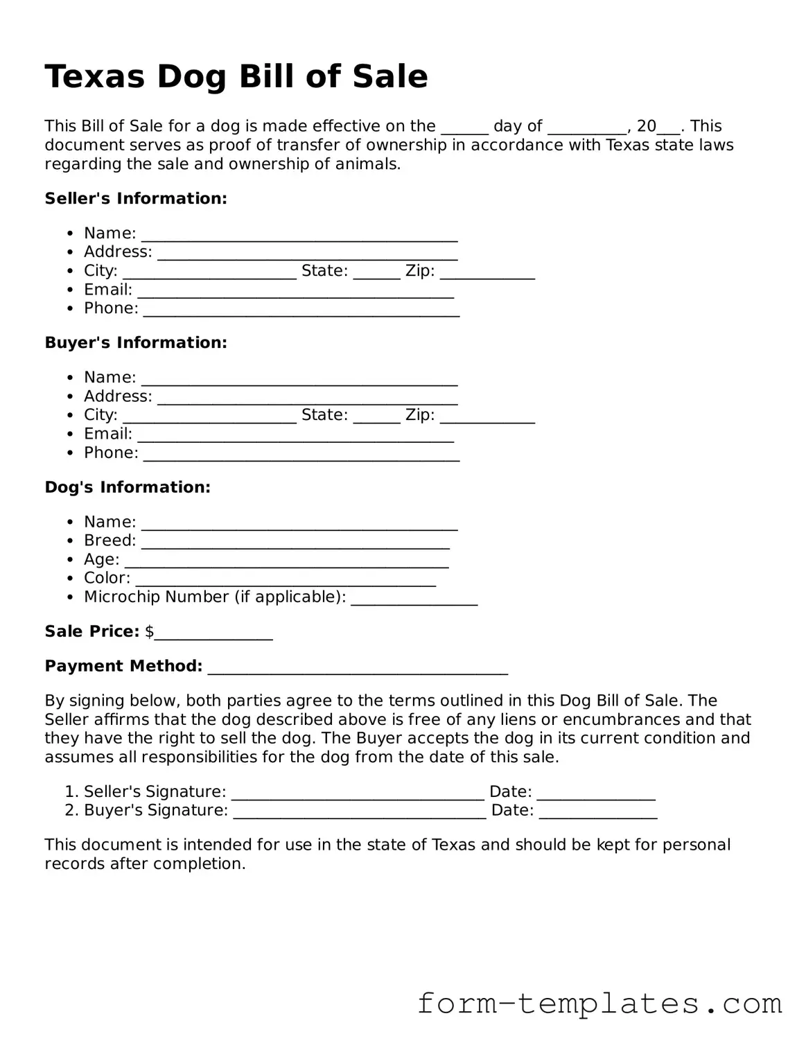 Printable Dog Bill of Sale Form for the State of Texas