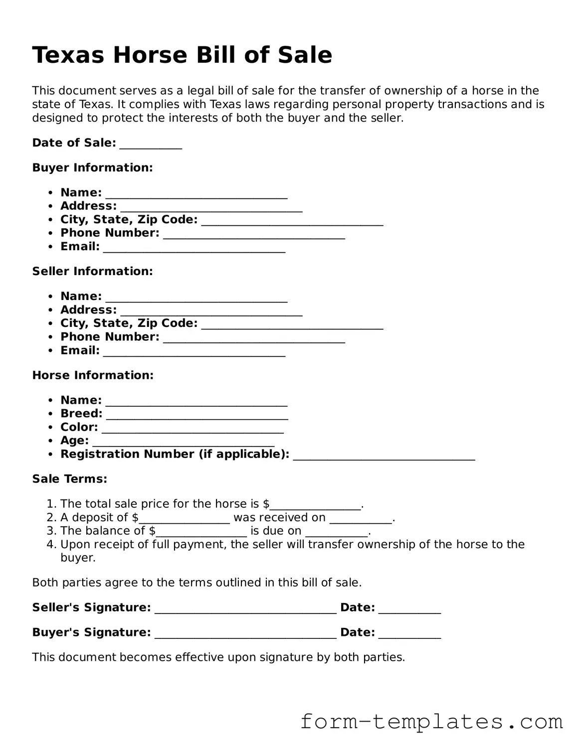 Printable Horse Bill of Sale Form for the State of Texas