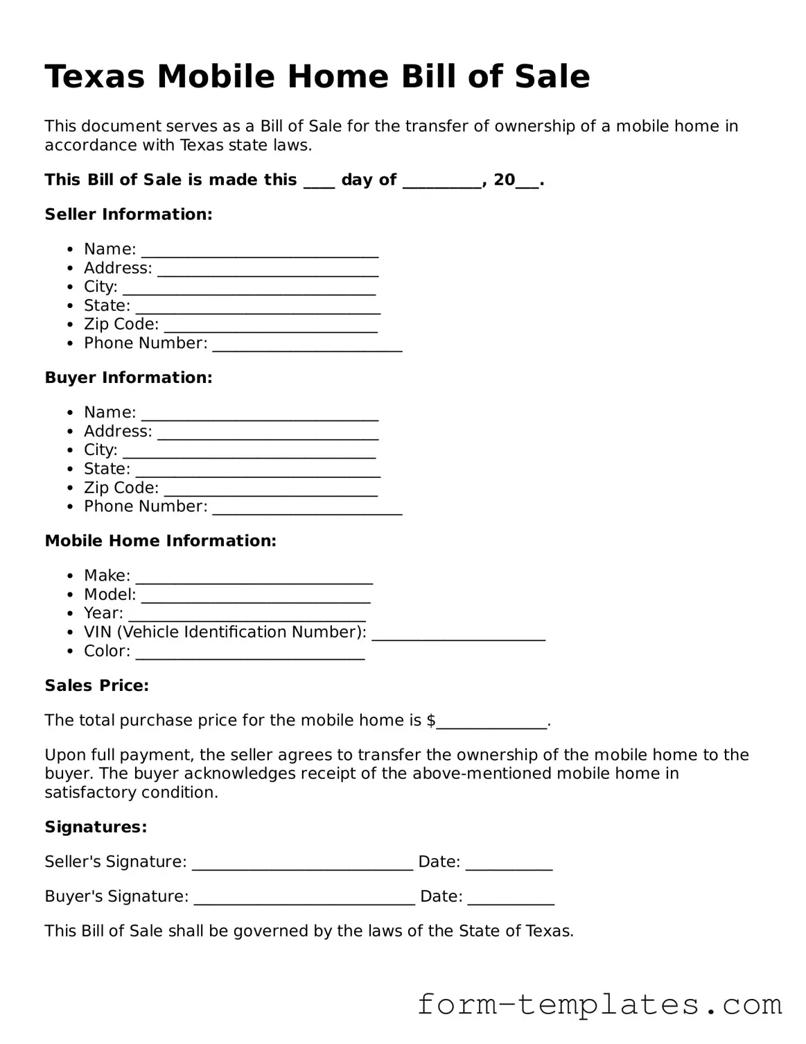 Printable Mobile Home Bill of Sale Form for the State of Texas