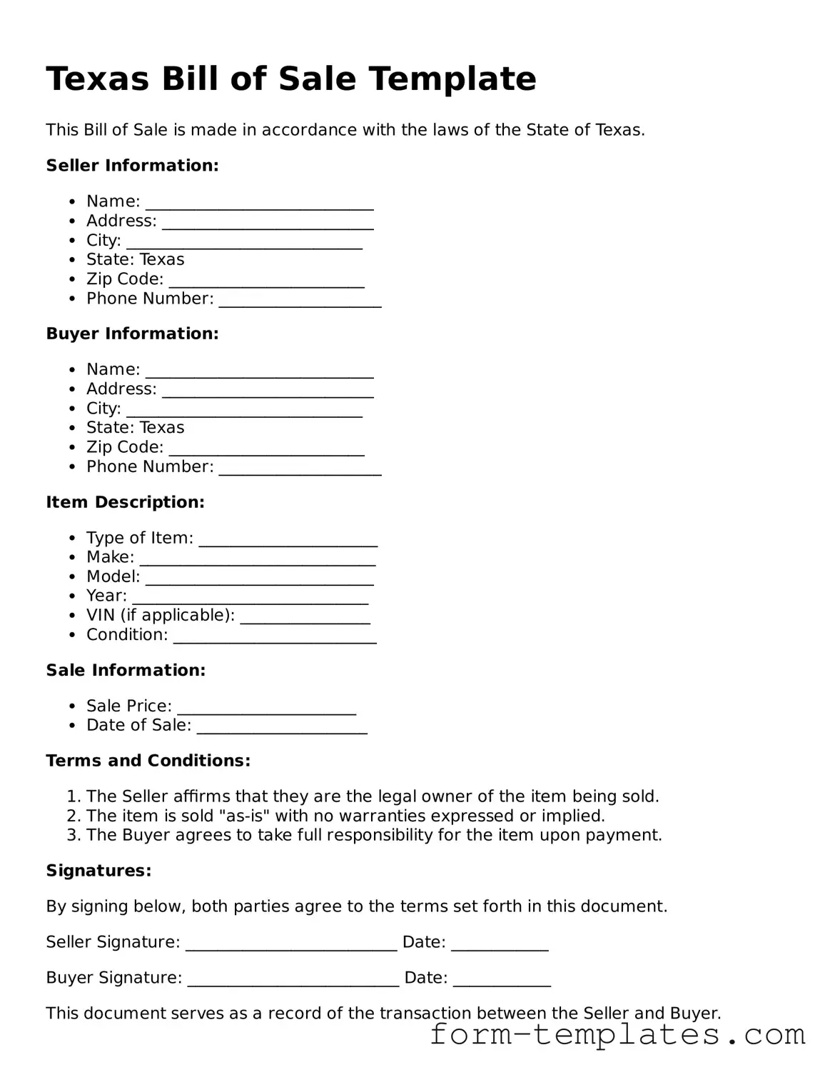 Printable Bill of Sale Form for the State of Texas